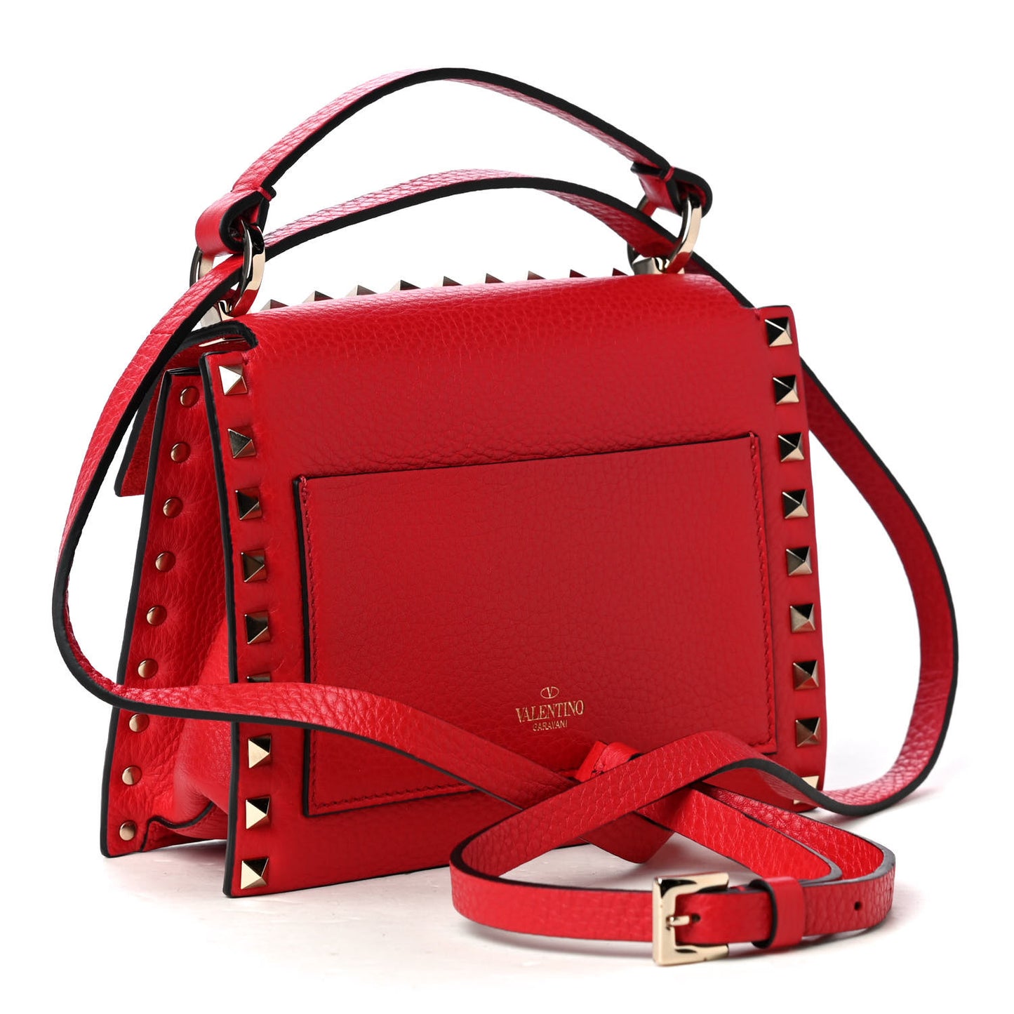 Pebbled Calfskin Rockstud Overlay Flap Top Handle Bag Rouge Pur