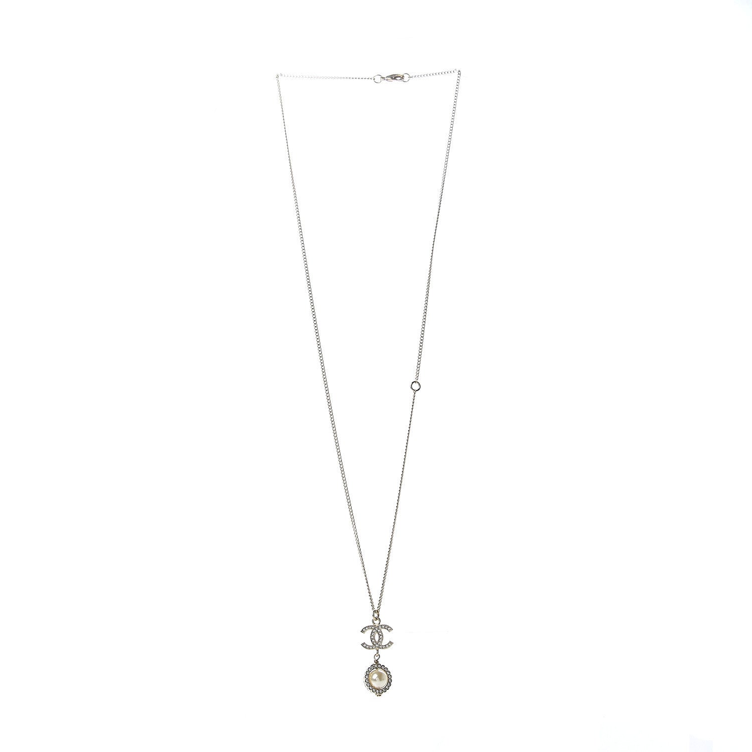 Chanel Crystal CC Pearl Drop Necklace Gold 2 of 5
