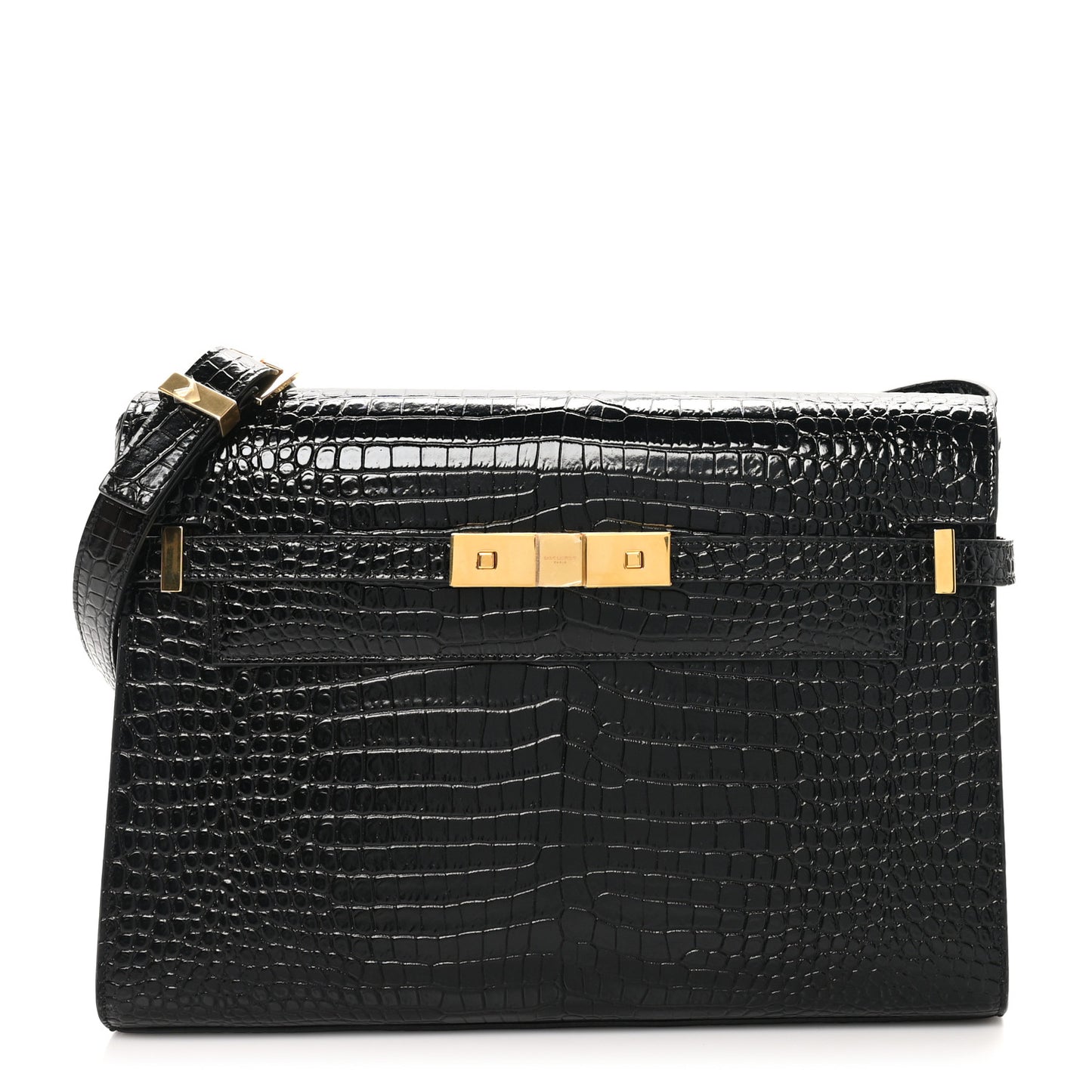 Shiny Calfskin Crocodile Embossed Manhattan Baguette Black
