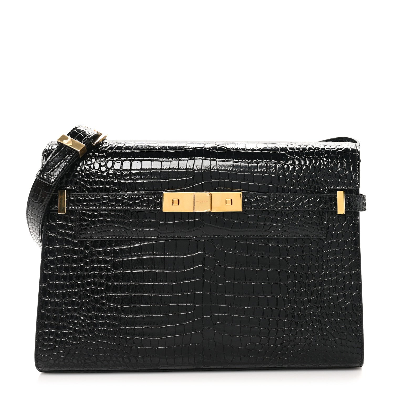 Saint Laurent Shiny Calfskin Crocodile Embossed Manhattan Baguette Black 1 of 10