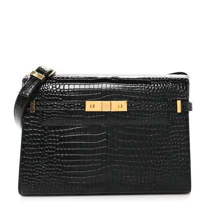 Saint Laurent Shiny Calfskin Crocodile Embossed Manhattan Baguette Black 1 of 10