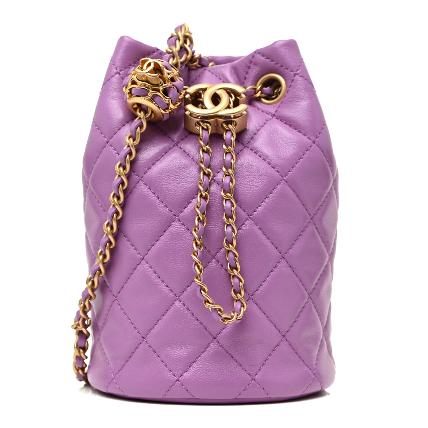 Lambskin Quilted Pearl Crush Drawstring Bag Purple