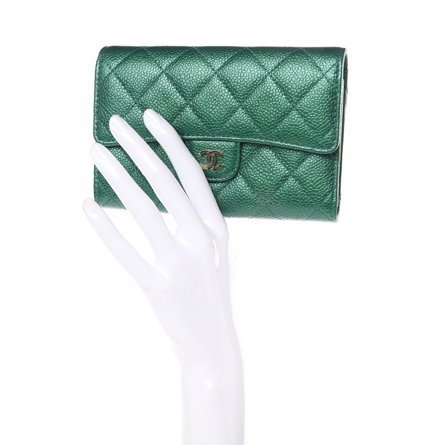 Chanel Metallic Caviar Quilted Medium Flap Wallet Green 2 of 10