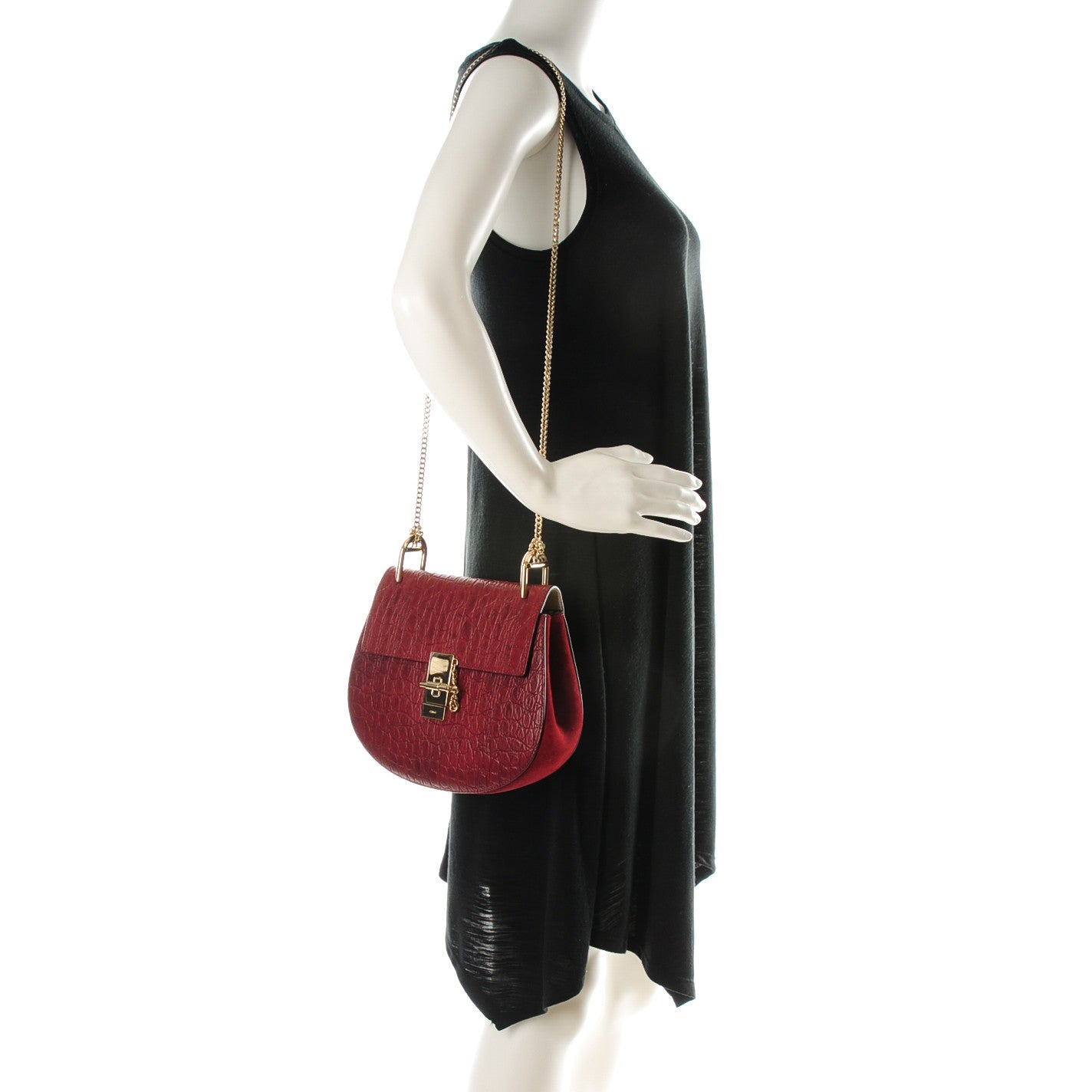 Chloe Calfskin Crocodile Embossed Drew Shoulder Bag Sienna Red 2 of 7