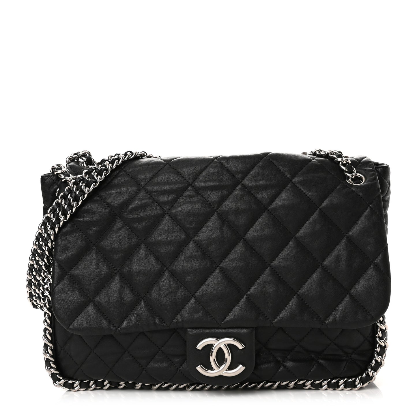Washed Lambskin Quilted Maxi Chain Around Flap Black