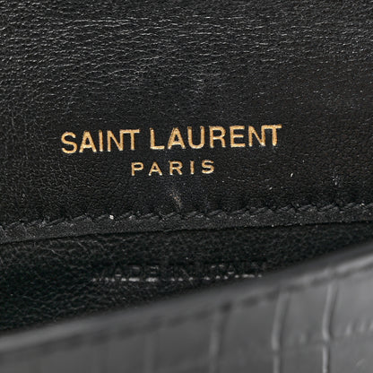 Saint Laurent Calfskin Crocodile Embossed Uptown Monogram Card Case Black 6 of 7