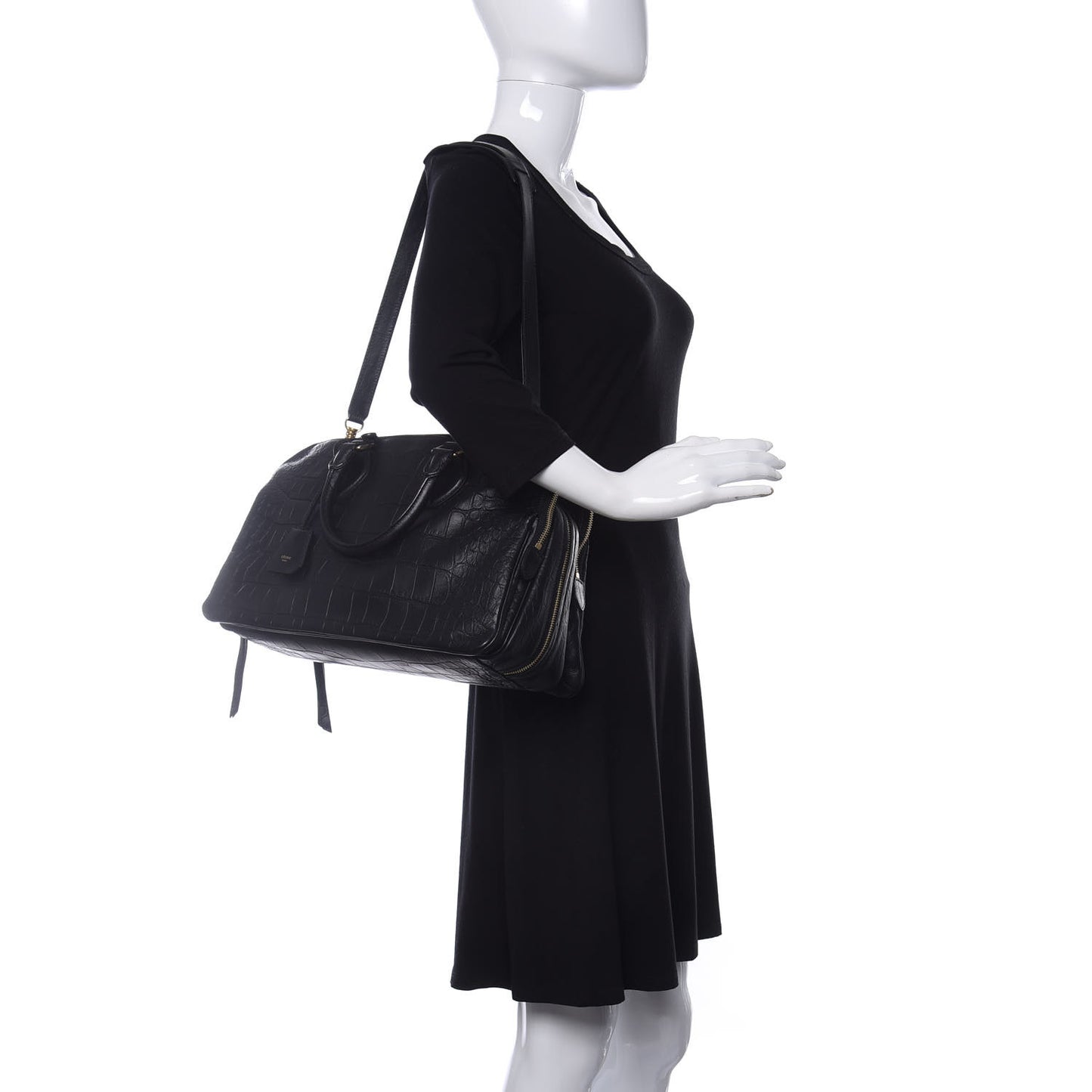 Crocodile Embossed Calfskin Small Triptyque Satchel Black