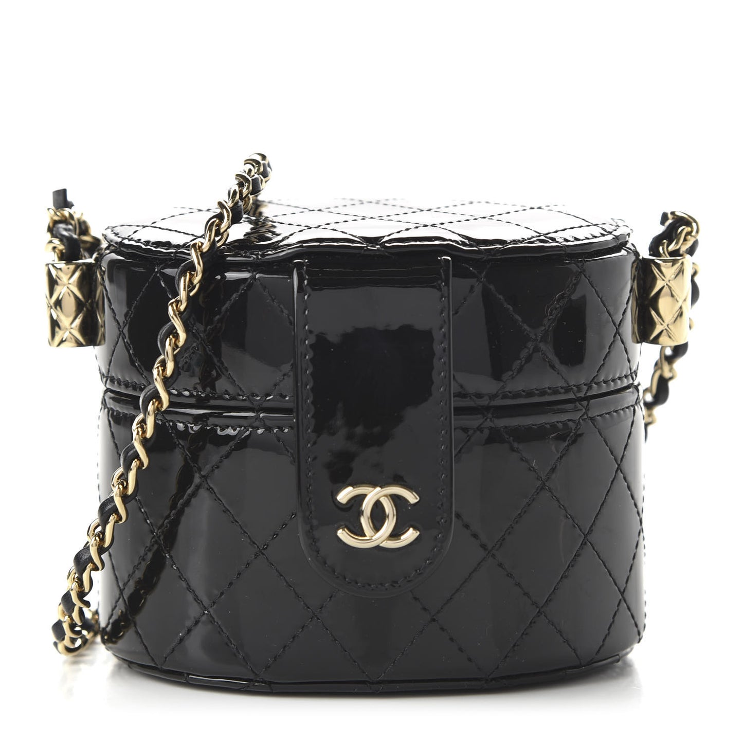 Patent Quilted Round Mini Vanity With Chain Black