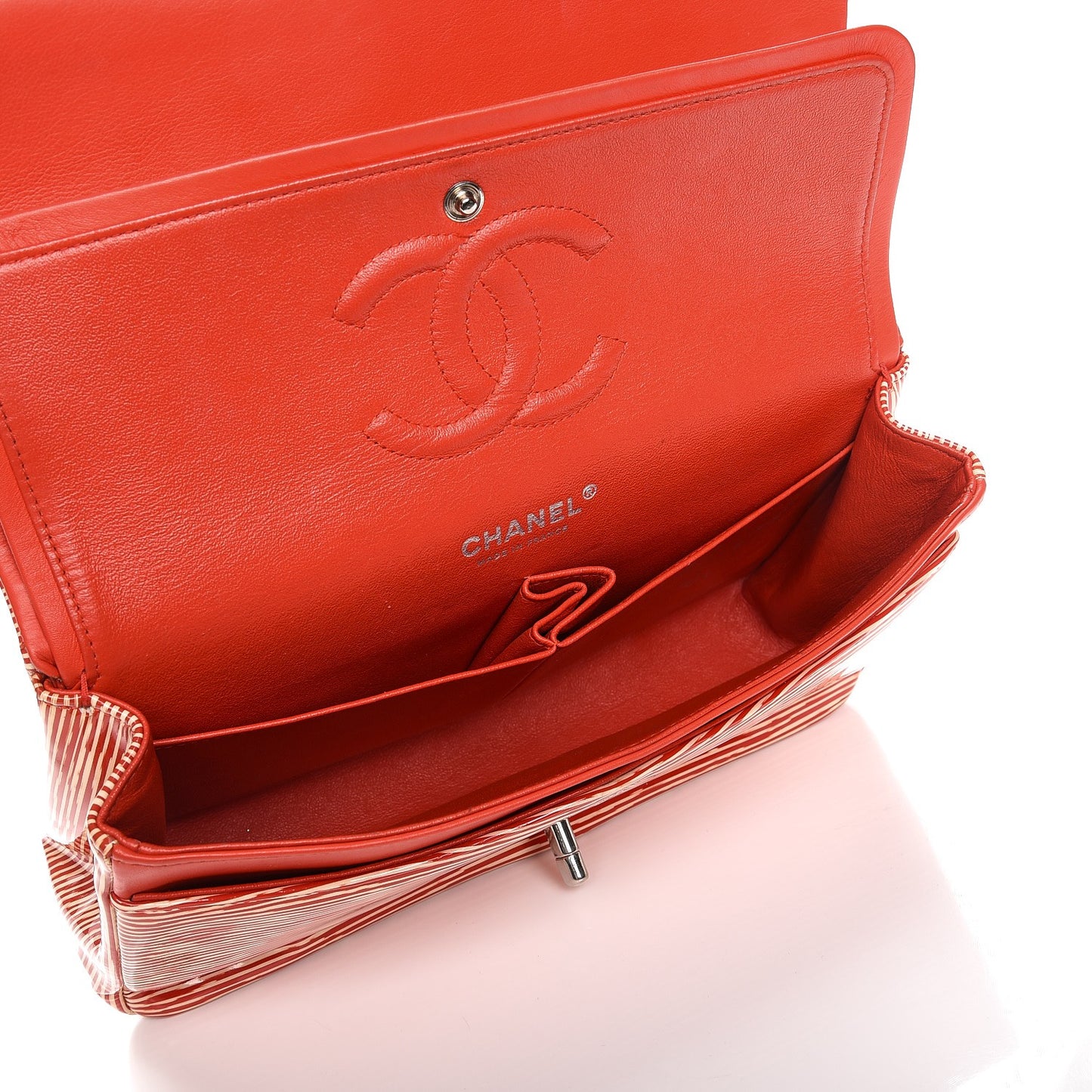 Patent Calfskin Striped Medium Double Flap Red