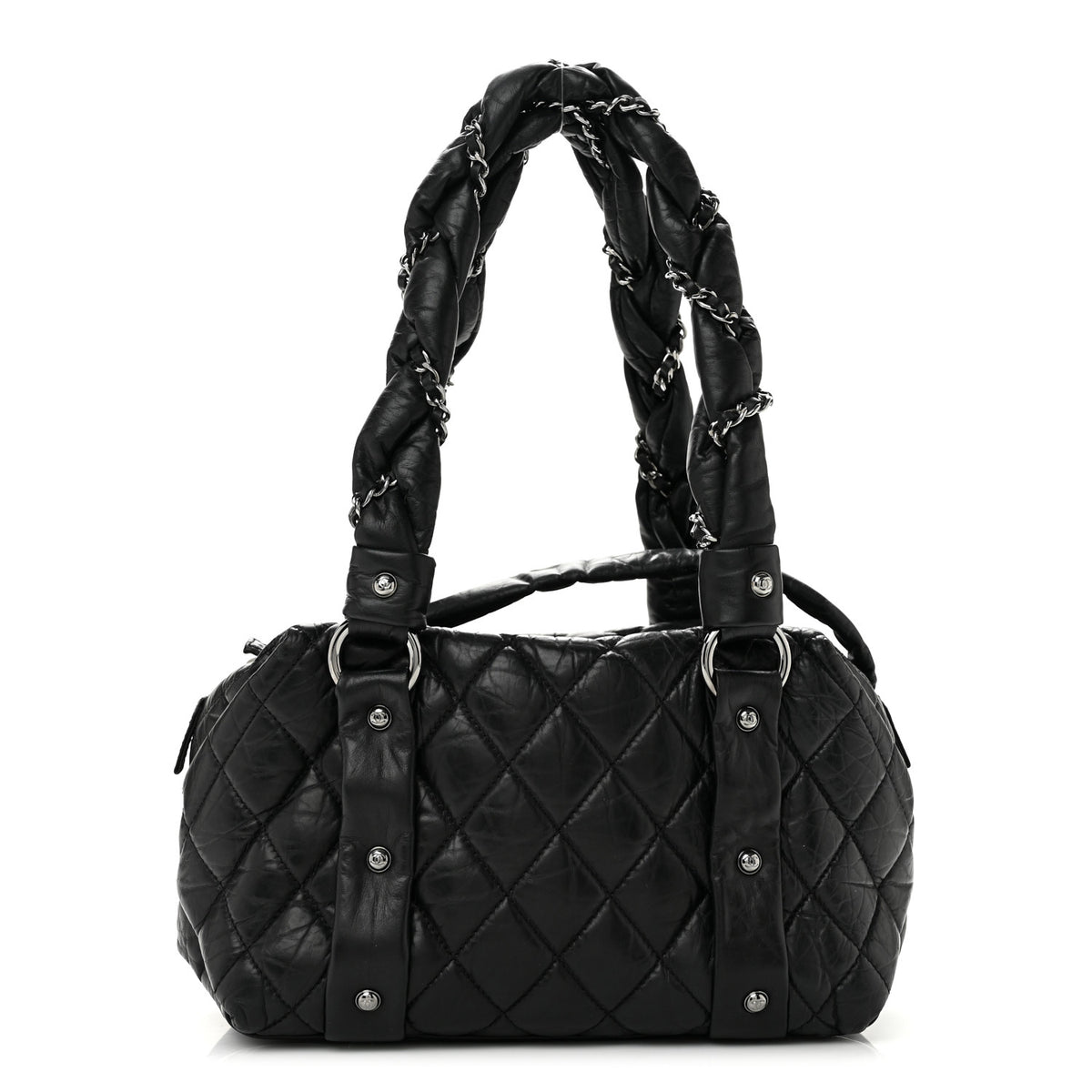 Distressed Lambskin Small Lady Braid Tote  Black