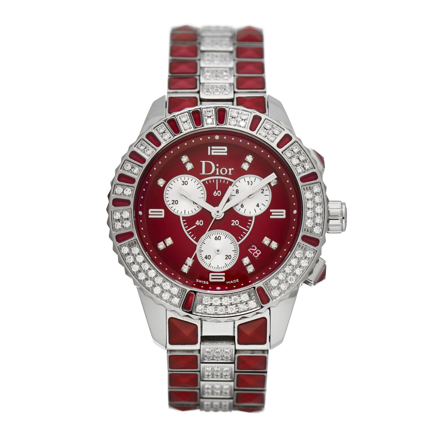 Christian Dior Stainless Steel Diamond Pave Sapphire 38mm Christal Chronograph Quartz Watch Red 1 of 5