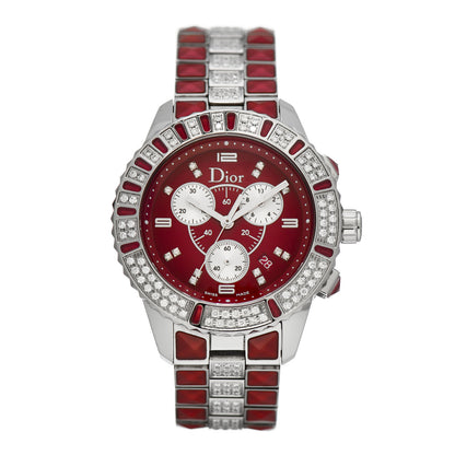 Christian Dior Stainless Steel Diamond Pave Sapphire 38mm Christal Chronograph Quartz Watch Red 1 of 5