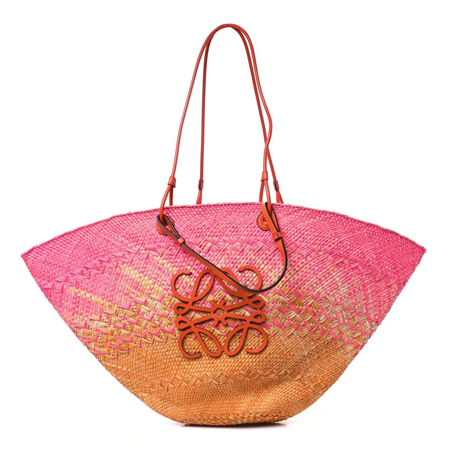 Iraca Palm Calfskin Anagram Basket Bag Fuchsia