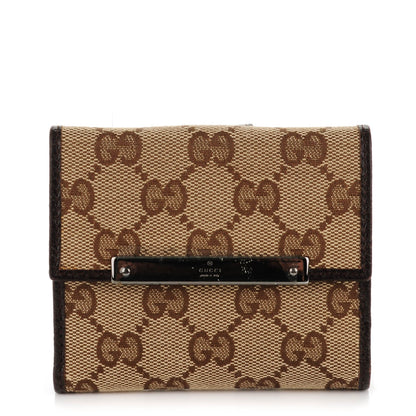Gucci Monogram Textured Calfskin Metal Bar French Flap Wallet Beige Ebony Cocoa 1 of 9