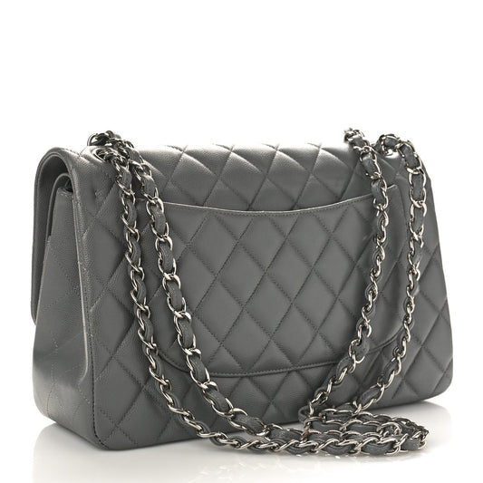Caviar Quilted Jumbo Double Flap Grey