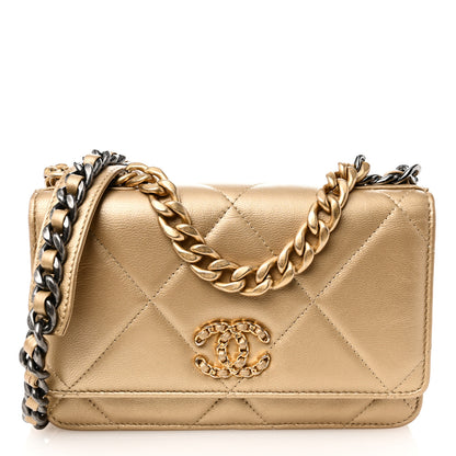 Chanel Metallic Goatskin Quilted Chanel 19 Wallet On Chain WOC Gold 1 of 14