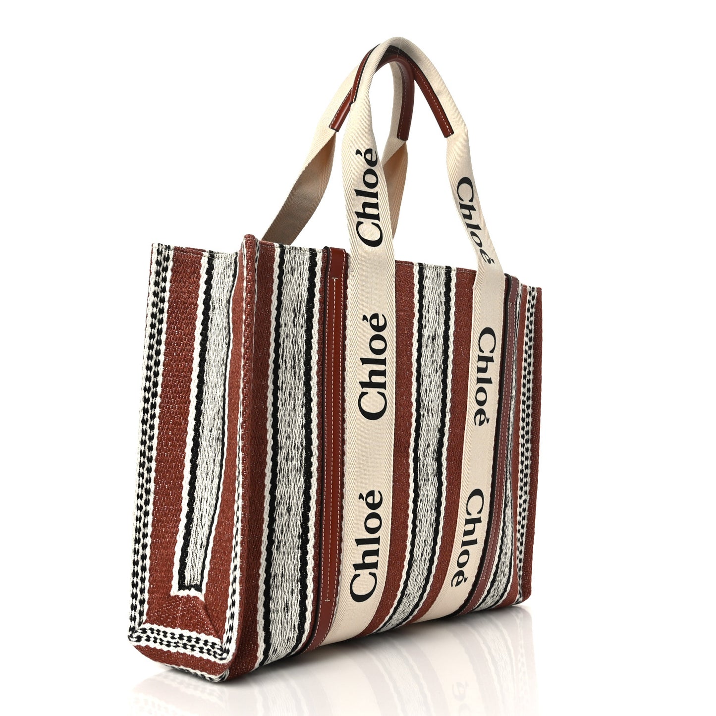 Woven Linen Large Woody Striped Ribbon Tote Sepia Brown