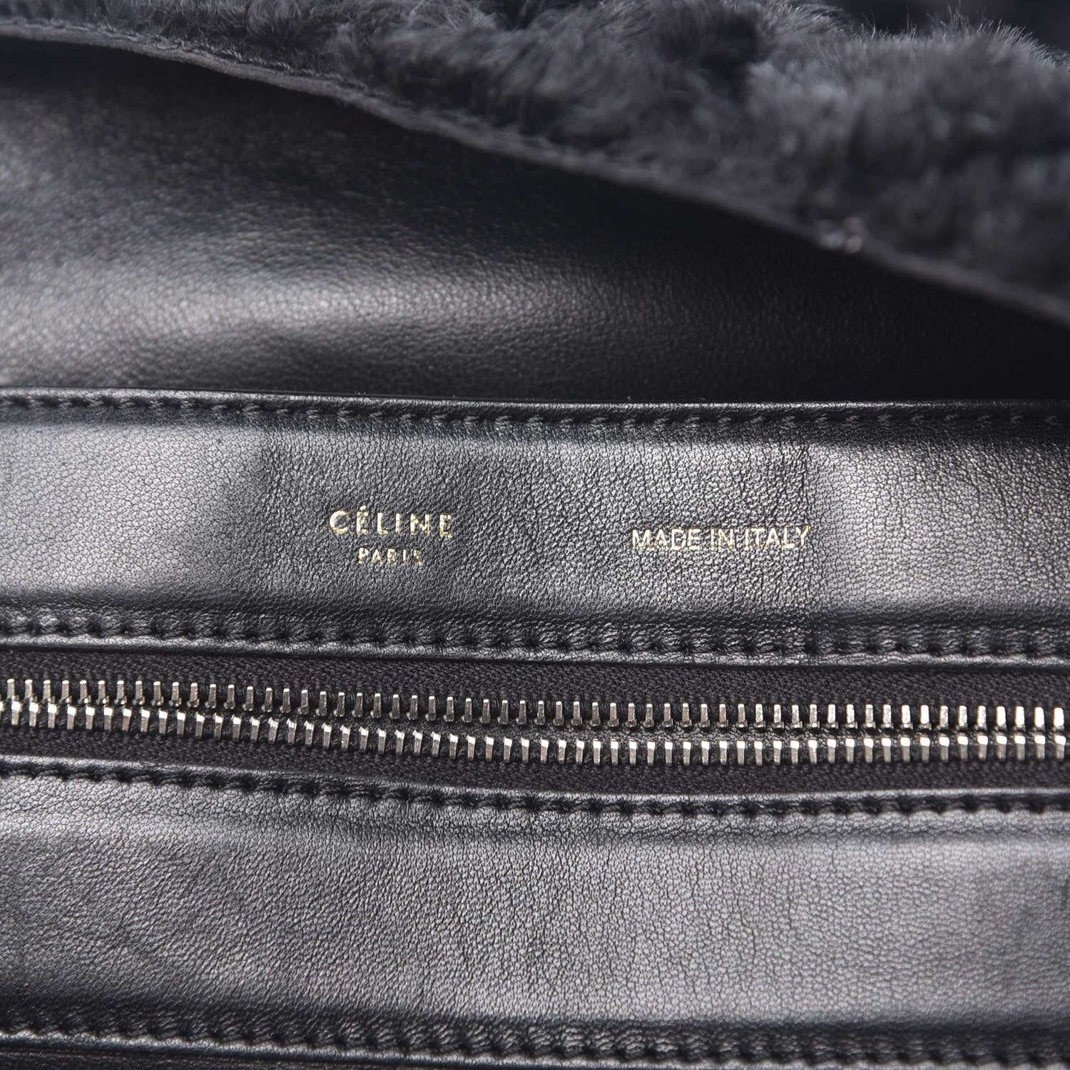 Celine Shiny Smooth Calfskin Shearling Horizontal Cabas Zipper Tote Black 6 of 17
