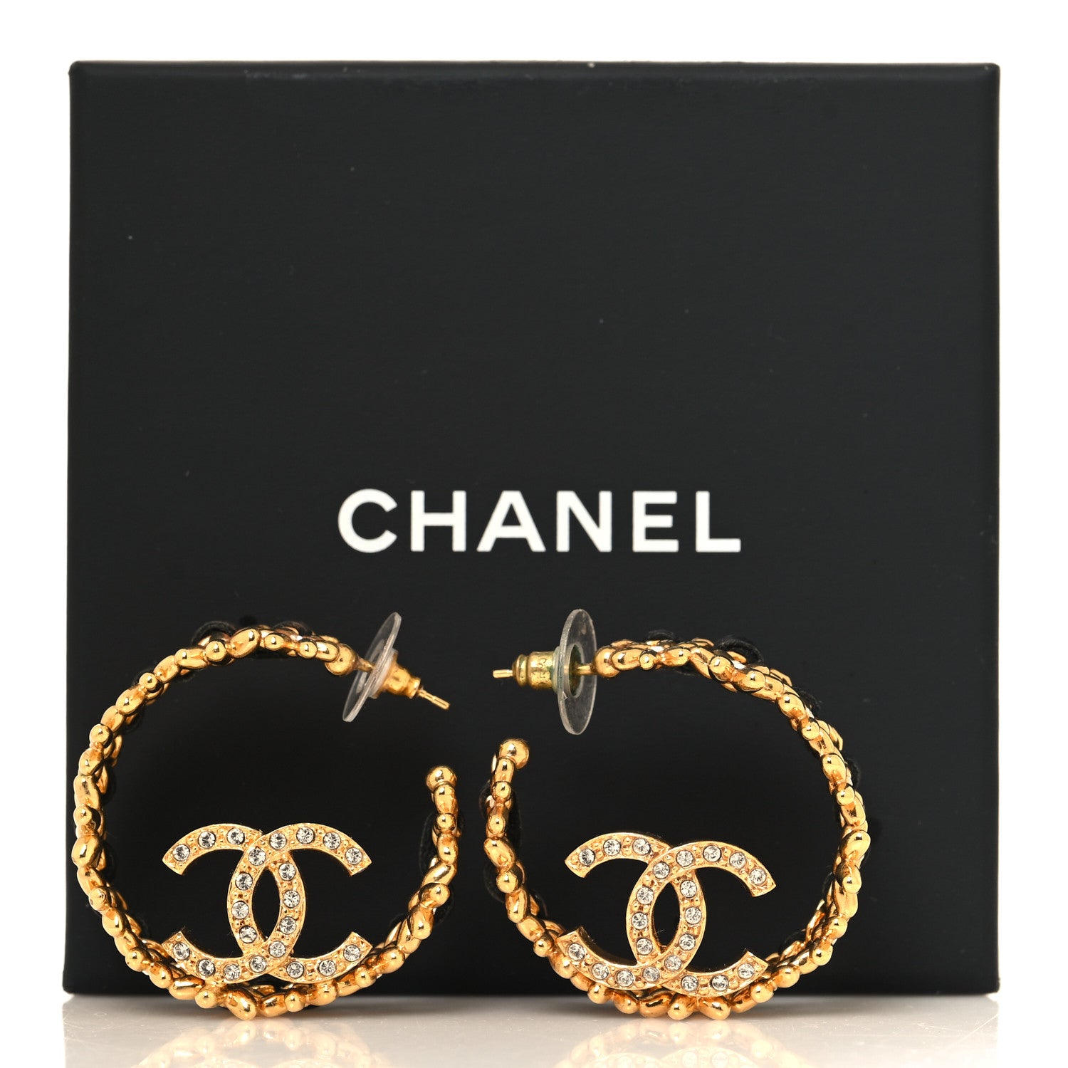 Chanel Lambskin Chain Crystal CC Flower Hoop Earrings Gold Black 5 of 5