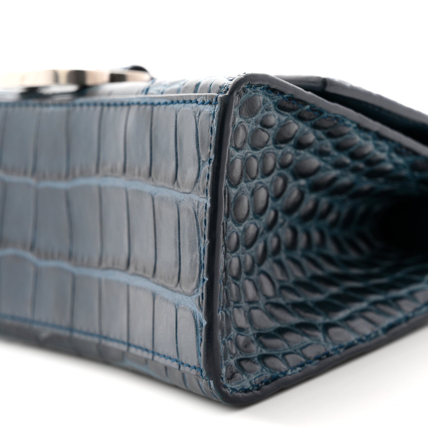Balenciaga Shiny Calfskin Crocodile Embossed Hourglass Top Handle Bag XS Denim Blue 10 of 12