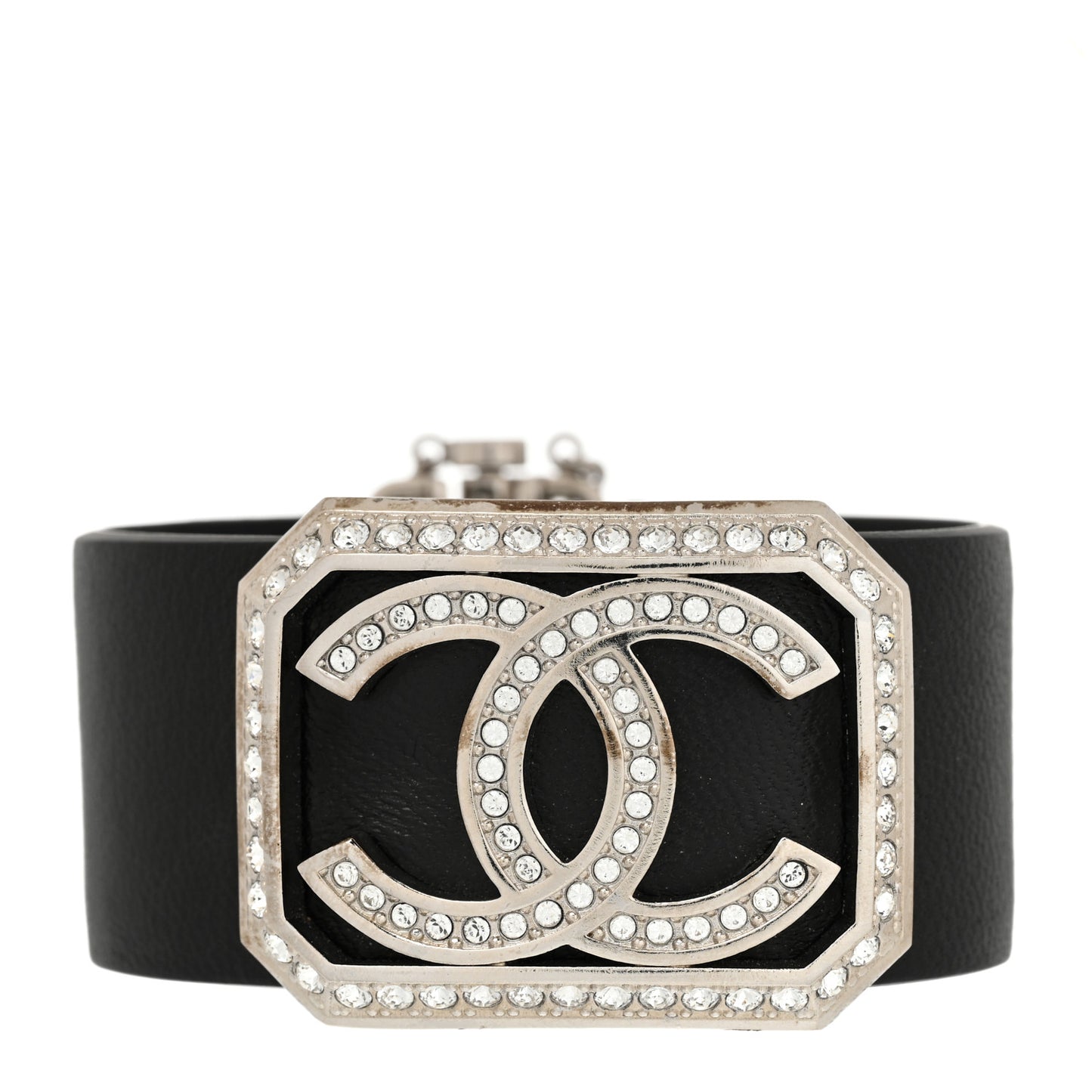 Calfskin Crystal CC Cuff Bracelet M Black