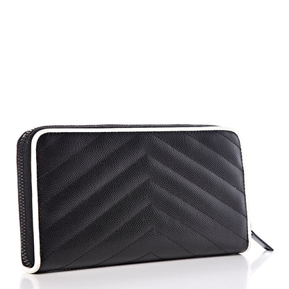 Saint Laurent Grain De Poudre Matelasse Chevron Monogram Zip Around Wallet Black Dove White 3 of 9