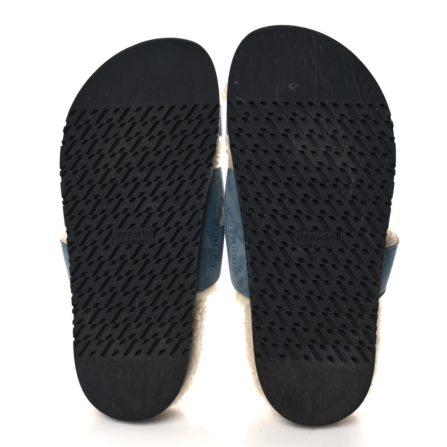 Hermes Suede Goatskin Woolskin Womens Chypre Sandals 37.5 Bleu Pinede Ecru 5 of 8