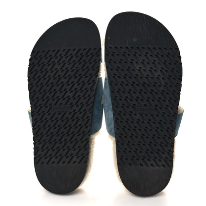 Hermes Suede Goatskin Woolskin Womens Chypre Sandals 37.5 Bleu Pinede Ecru 5 of 8