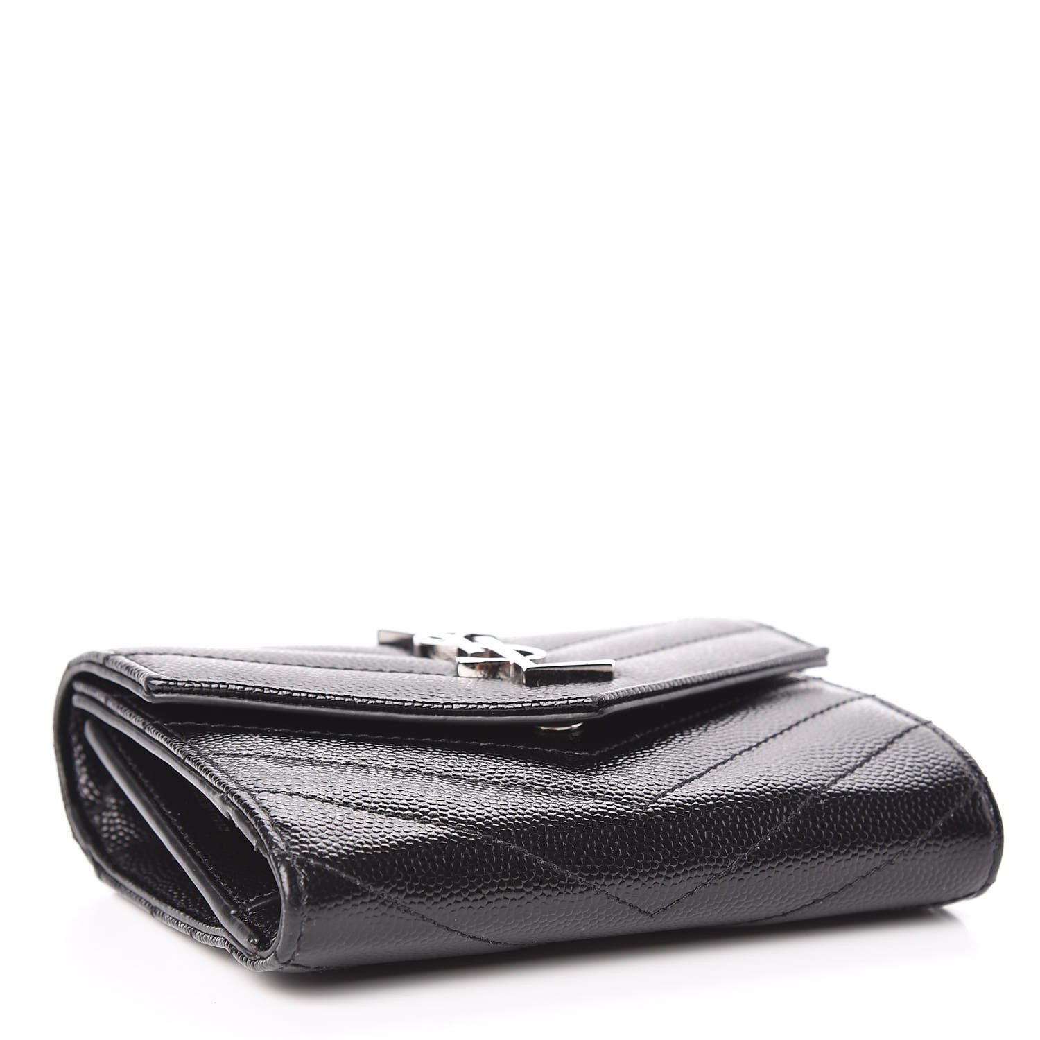 Saint Laurent Grain De Poudre Matelasse Chevron Monogram Compact Tri Fold Wallet Black 4 of 8