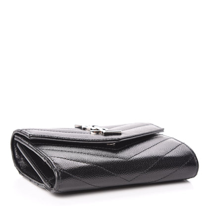 Saint Laurent Grain De Poudre Matelasse Chevron Monogram Compact Tri Fold Wallet Black 4 of 8