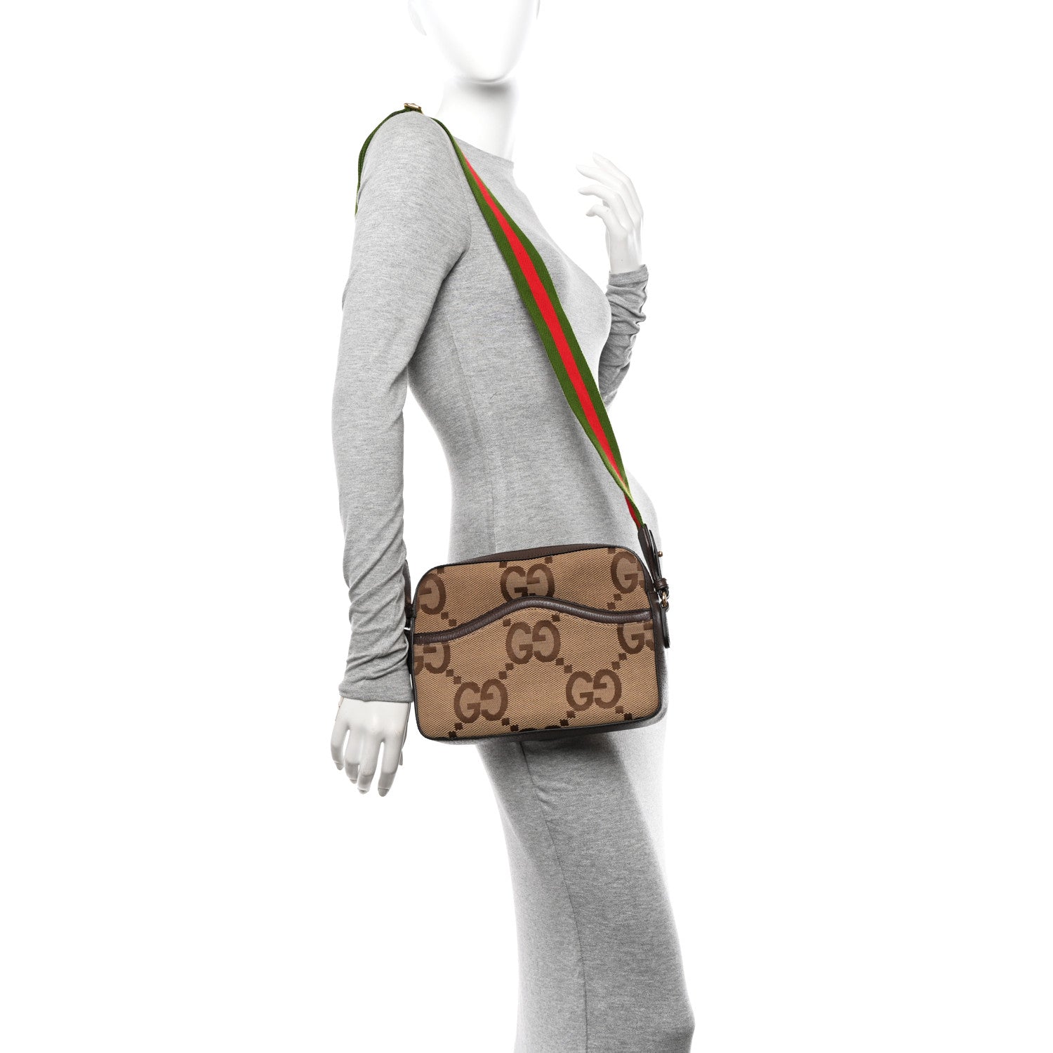 Gucci Monogram Jumbo GG Textured Dollar Calfskin Web Messenger Shoulder Bag Camel Ebony New Acero 2 of 10