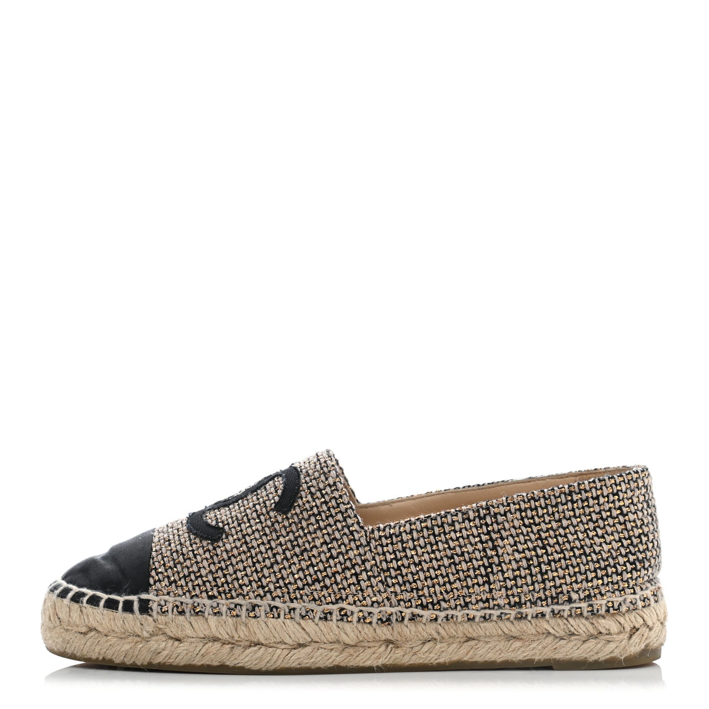 Tweed Grosgrain CC Espadrilles 36 Gold Beige Black