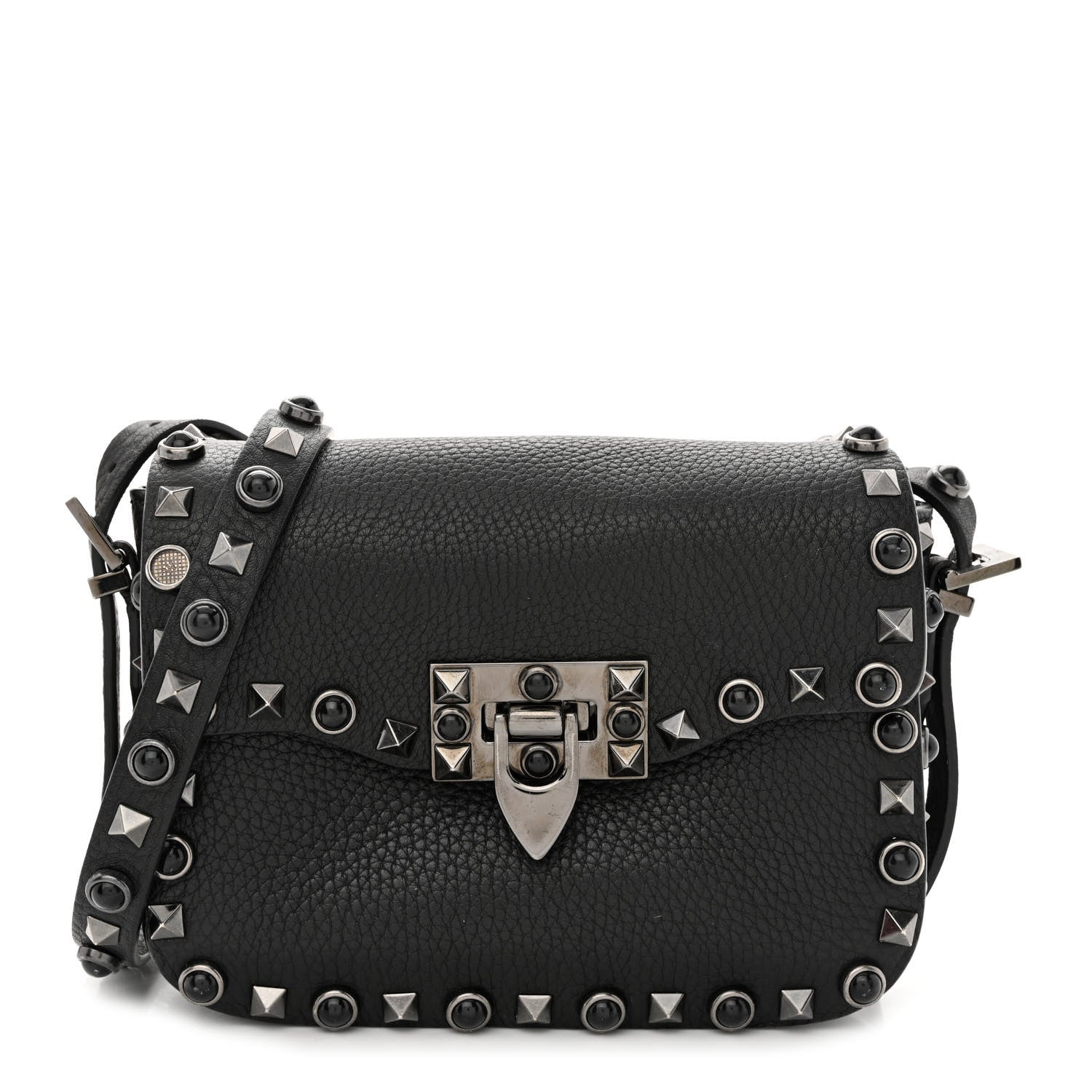 Valentino Garavani Pebbled Calfskin Rockstud Rolling Flip Lock Crossbody Bag Black 1 of 13