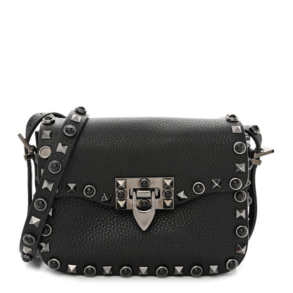 Valentino Garavani Pebbled Calfskin Rockstud Rolling Flip Lock Crossbody Bag Black 1 of 13