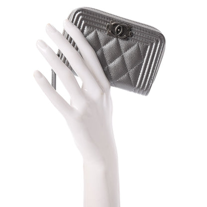 Chanel Metallic Caviar Quilted Boy Zip Around Coin Purse Wallet Silver 2 of 9