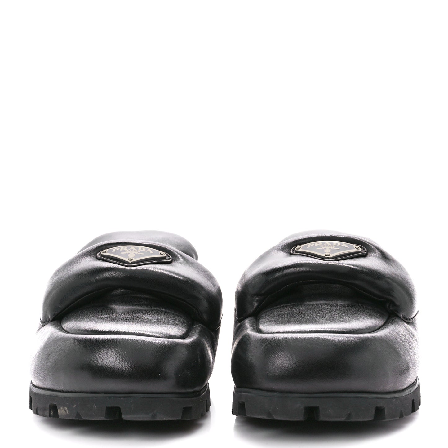 Nappa Soft Padded Metal Triangle Logo Lug Sole 20mm Mules 38 Black