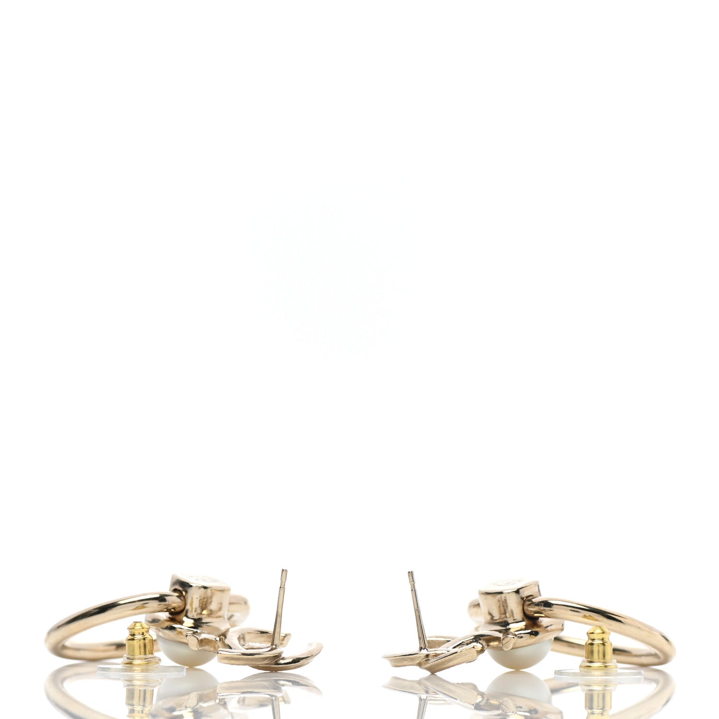 Metal Pearl CC Hoop Drop Earrings Gold