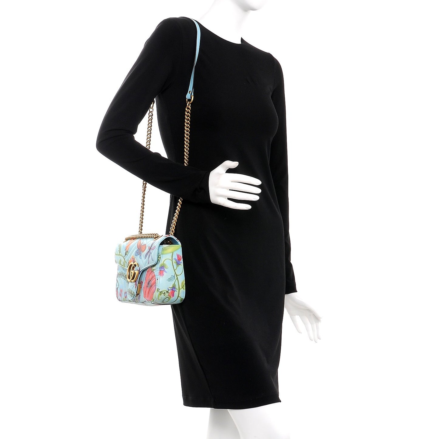 X UNSKILLED WORKER Calfskin Matelasse Flora Painted Small GG Marmont Shoulder Bag Cloudy Blue Multicolor