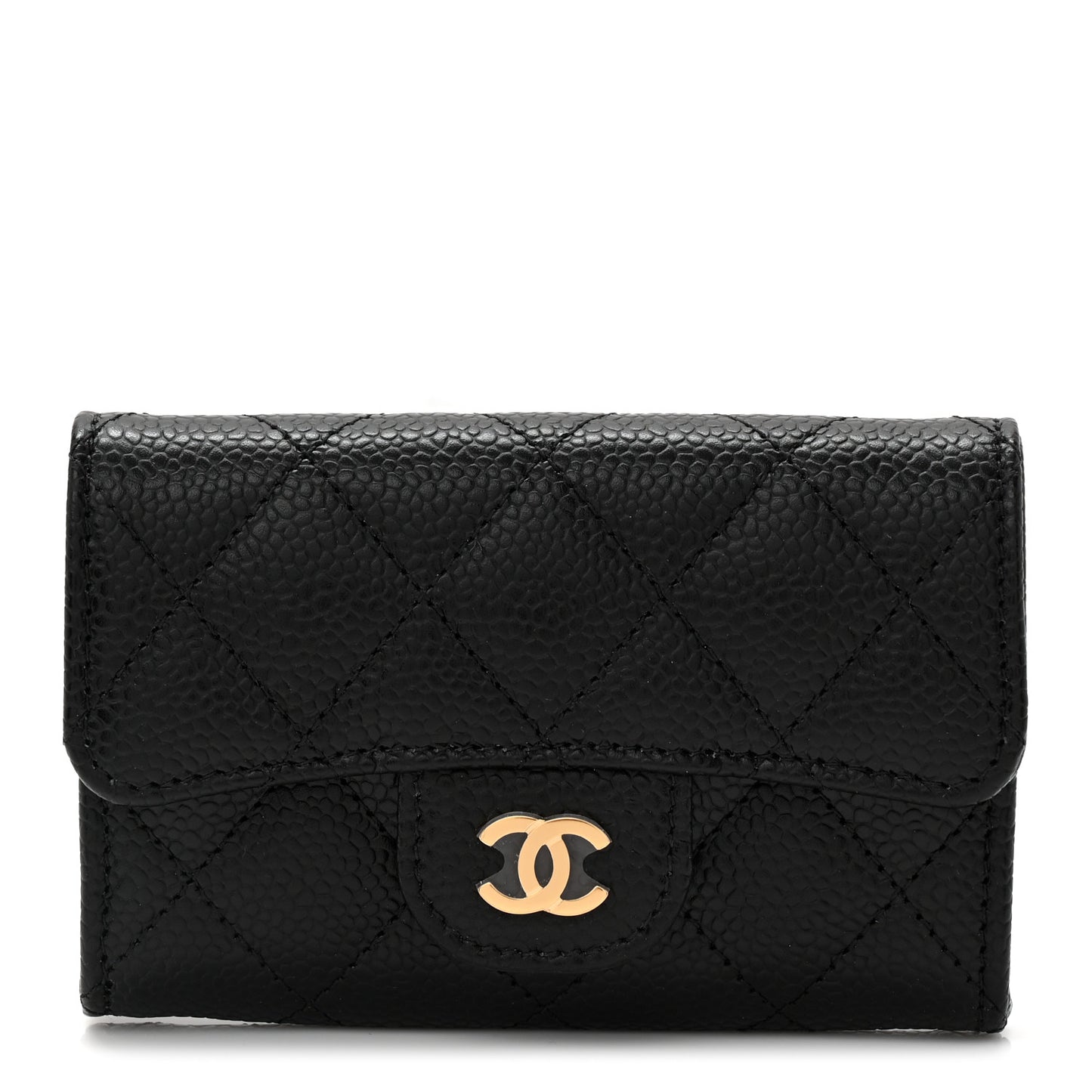 Caviar Quilted Flap Card Holder Wallet Black