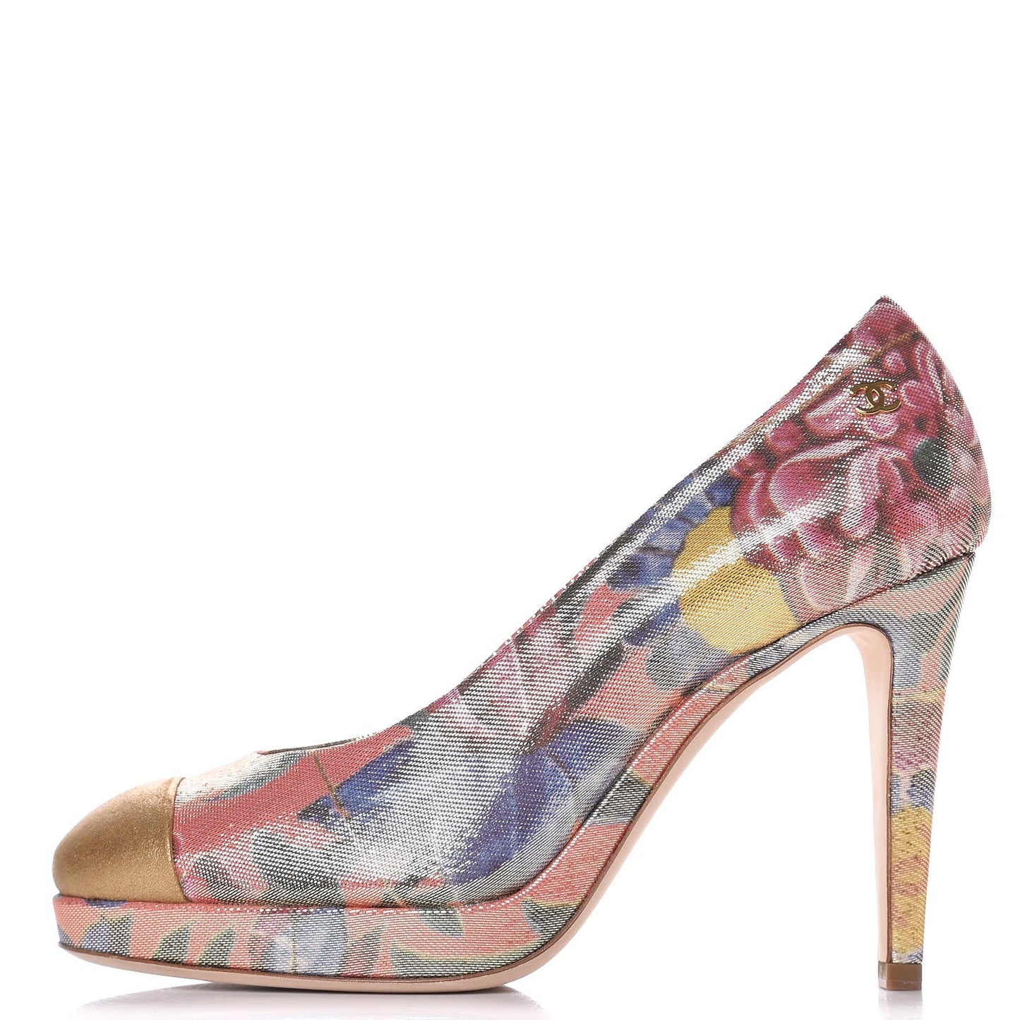 Crepe Calfskin Floral Printed Metallic Calfskin Pumps 35.5 Corail Gold