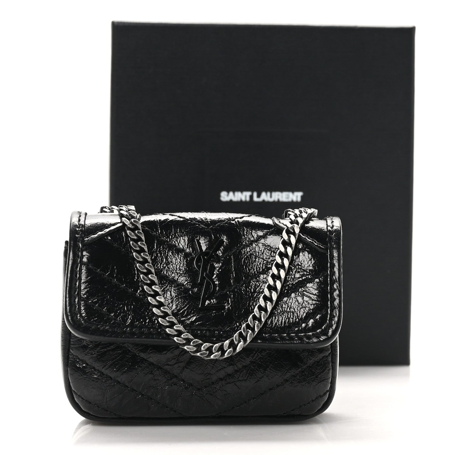 Saint Laurent Crinkled Calfskin Matelasse Monogram Niki Airpods Holder Micro Bag Black 10 of 10