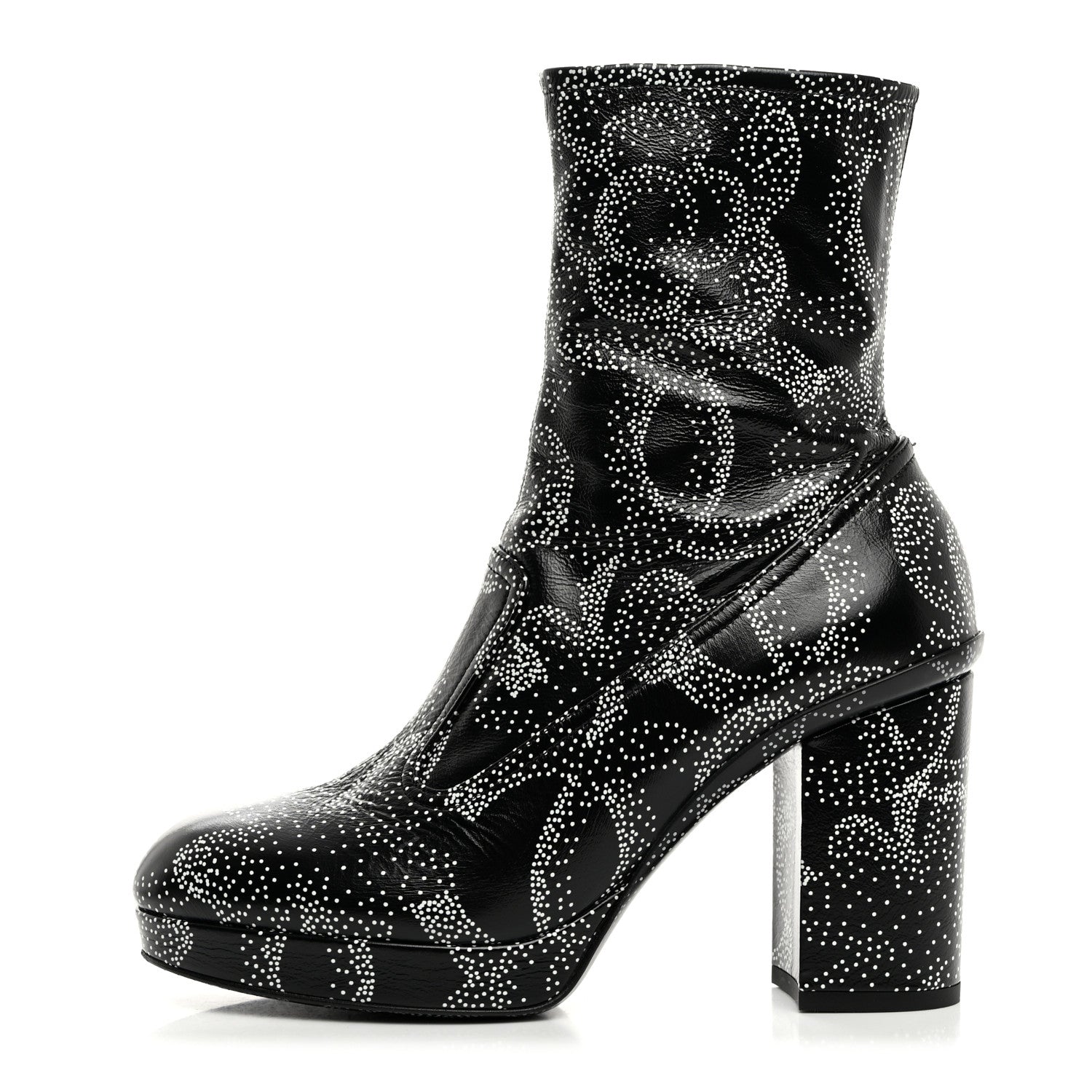 Chanel Calfskin Camellia Printed Ankle Boots 37.5 Black White 1 of 9