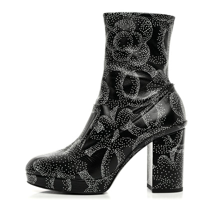 Chanel Calfskin Camellia Printed Ankle Boots 37.5 Black White 1 of 9