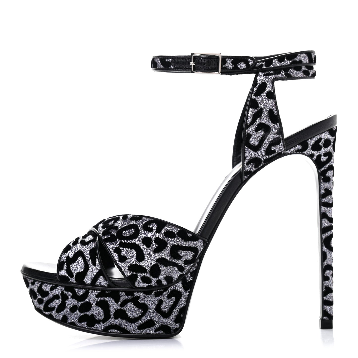 Velvet Glitter Leopard Print Platform Sandals 40 Argento Black