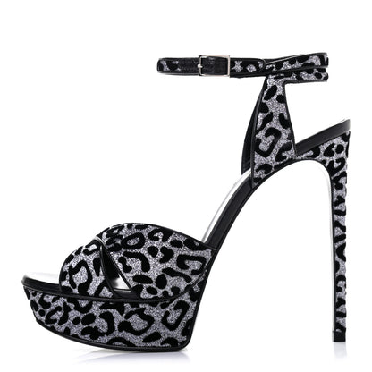 Saint Laurent Velvet Glitter Leopard Print Platform Sandals 40 Argento Black 1 of 8