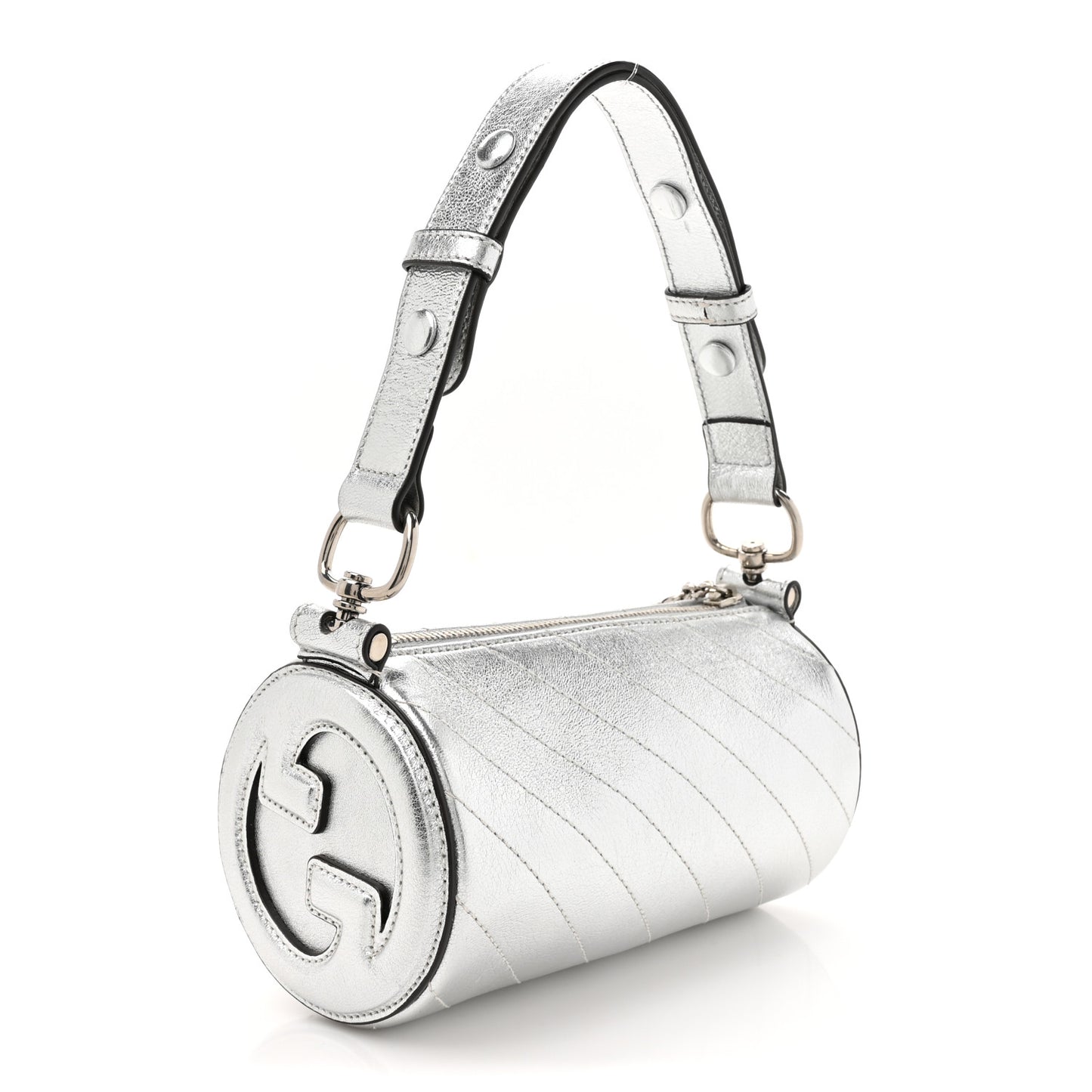 Sakai Be Green Calfskin Diagonal Stitched Mini Blondie Barrel Shoulder Bag Silver