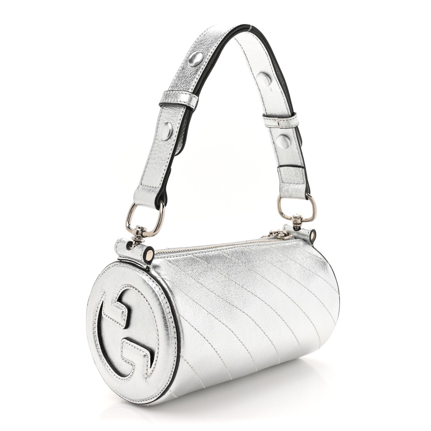Gucci Sakai Be Green Calfskin Diagonal Stitched Mini Blondie Barrel Shoulder Bag Silver 3 of 10