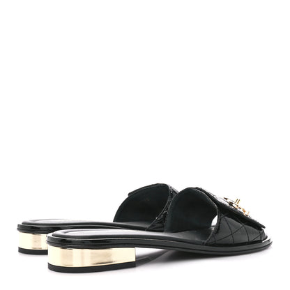 Chanel Patent Goatskin Quilted CC Mules Sandals 37 Black 4 of 11