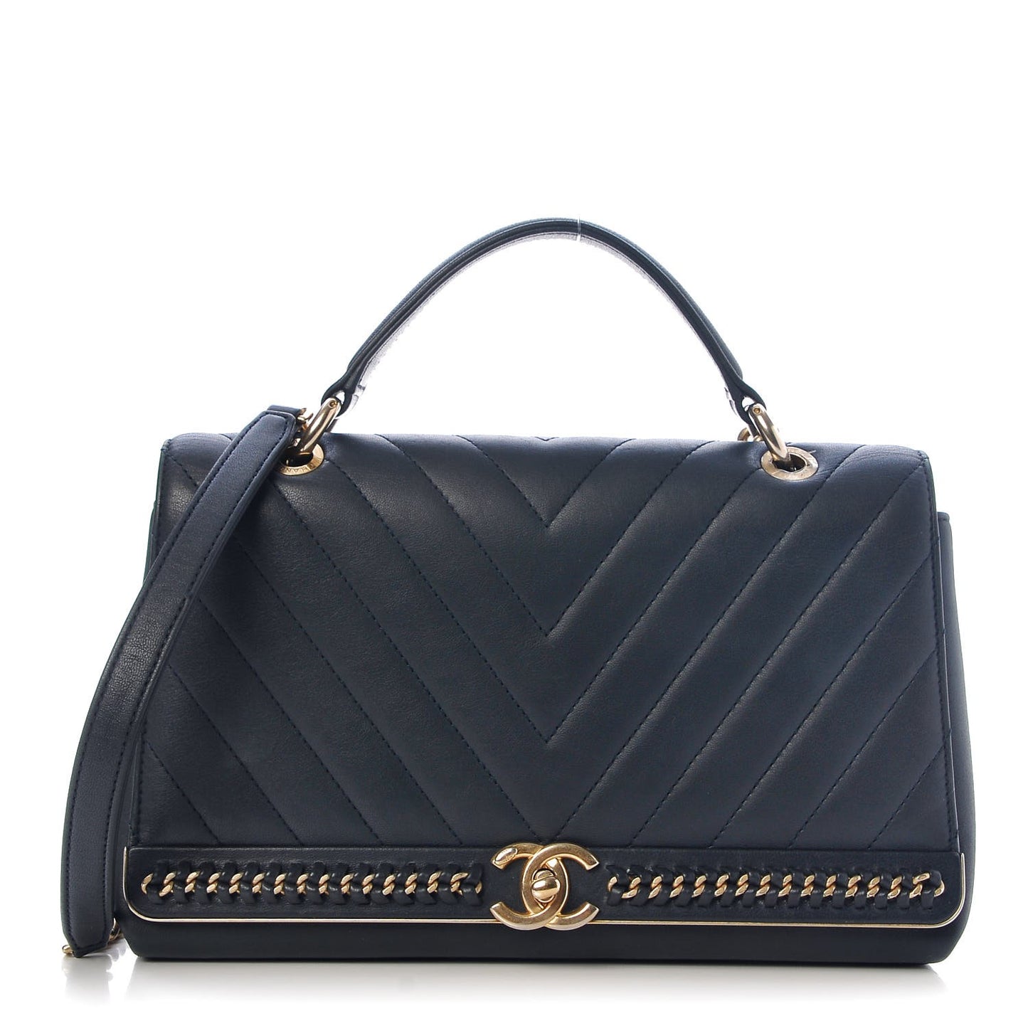 Sheepskin Chevron Stitched Chain Top Handle Flap Blue