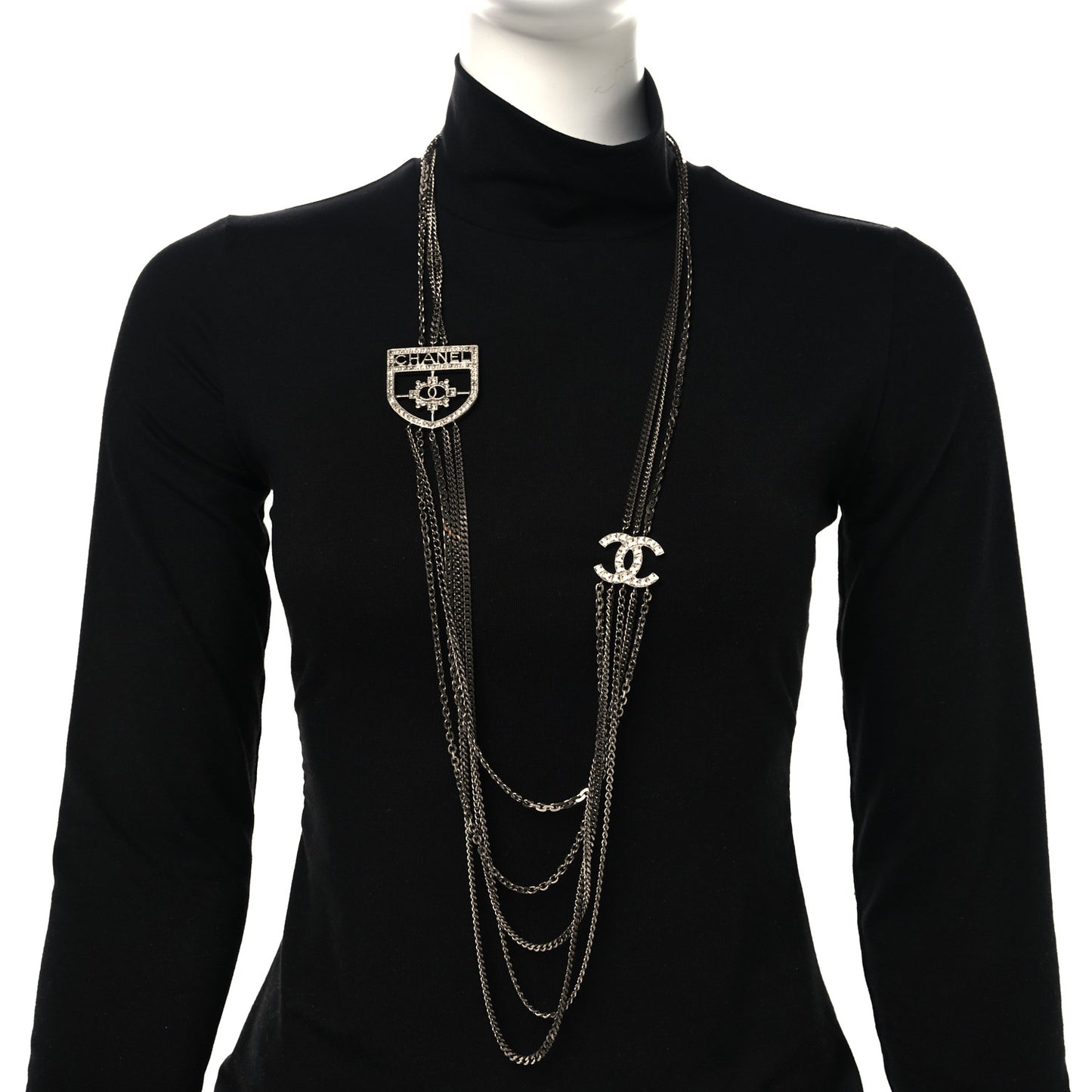 Baguette Crystal CC Shield Multi Strand Long Chain Necklace Silver